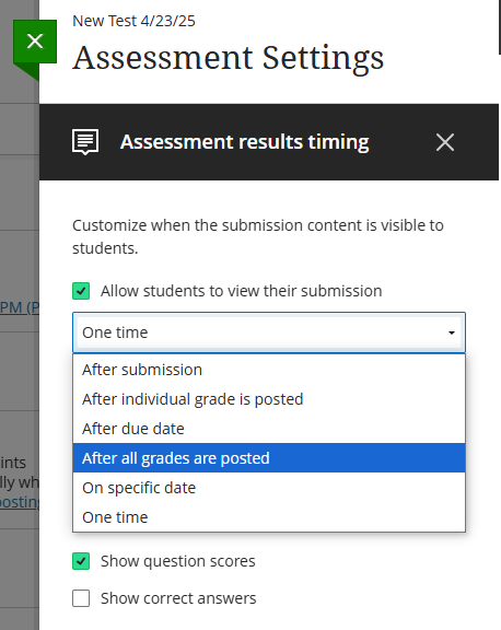 screenshot the assessment settings, highlighting options for when students can view their submission