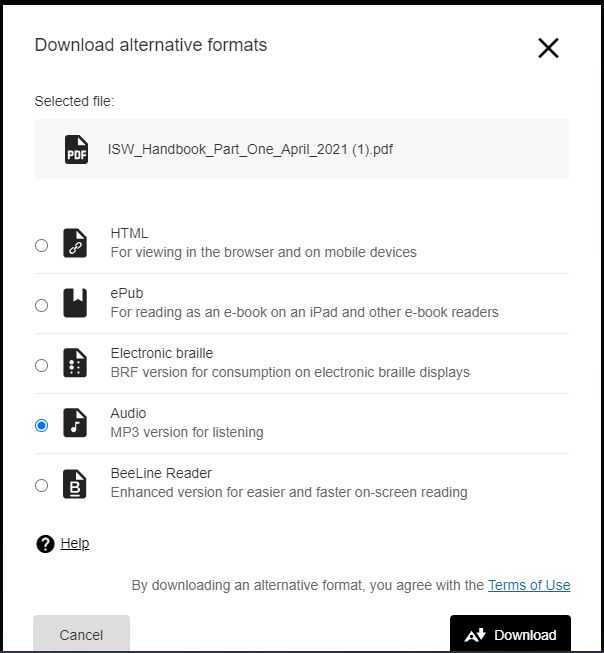 screenshot showing list of alternative formats