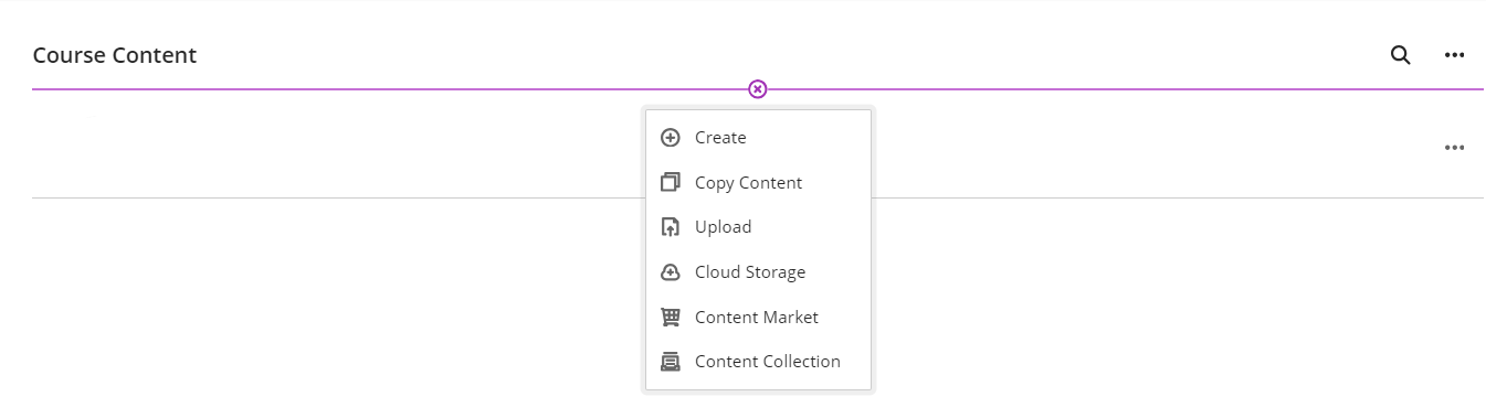 screenshot showing how to get to the content collection by clicking on the plus sign in Course Content