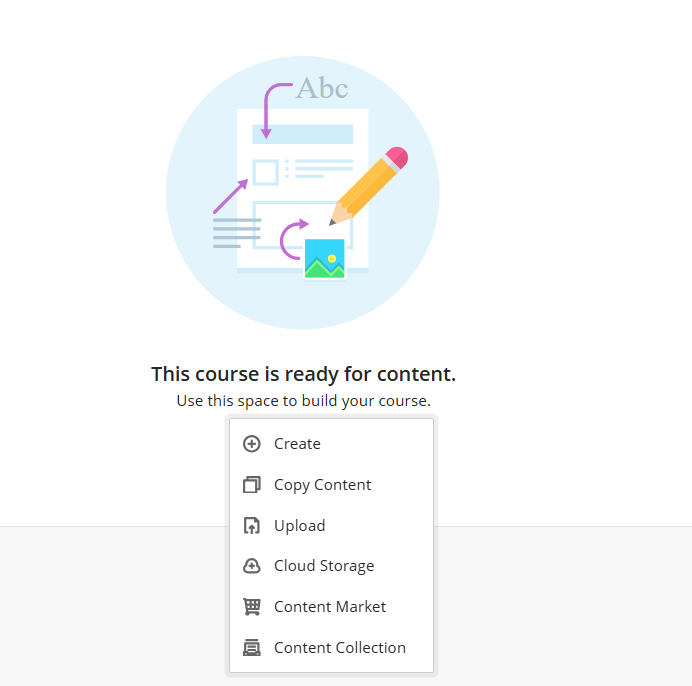 screenshot of the add content prompt in an empty Course Content space