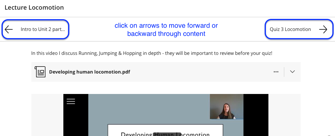 screenshot of the previous and next arrows to move through content in a learning module