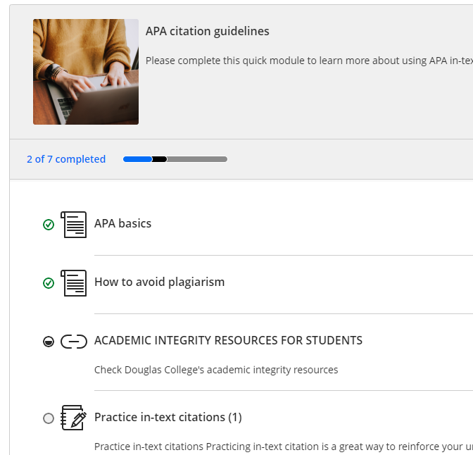 screenshot of a learning module with progress tracking from a student profile
