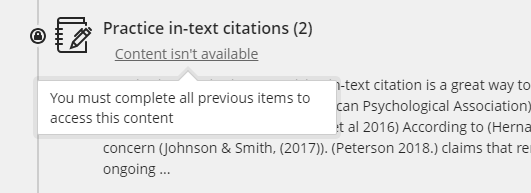 screenshot of a content item has is unavailable via Forced Sequence