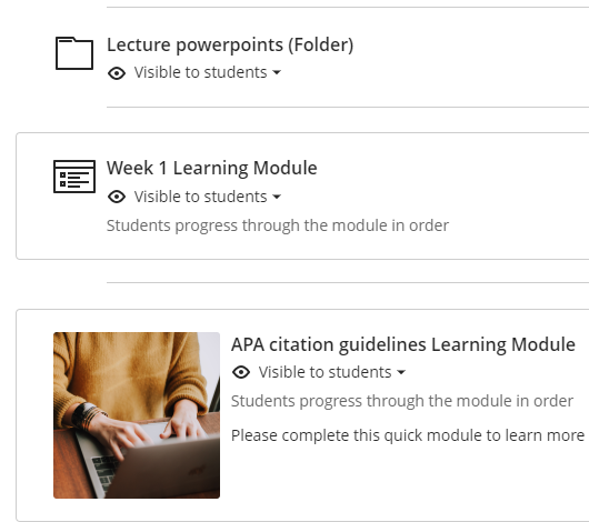 screenshot of folders and learning modules (one with an image thumbnail, and one without) in the content area