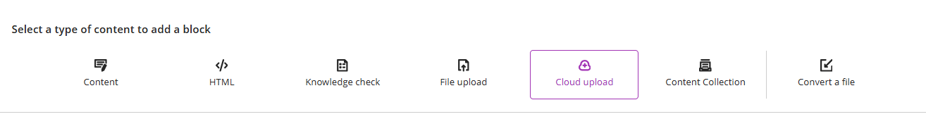 screenshot of Document content block options which includes Cloud Upload