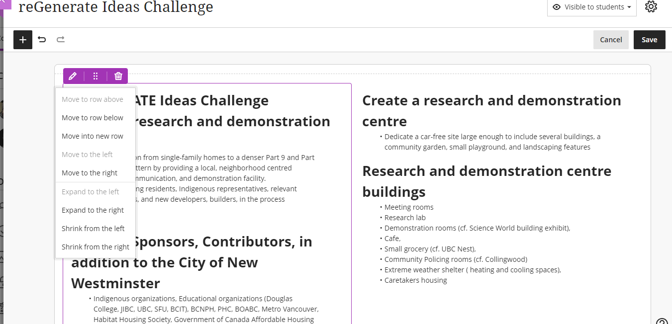 screenshot of block menu options