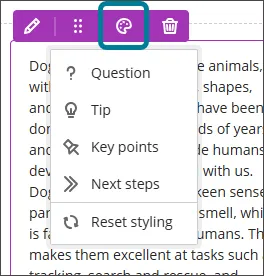 styling block options in edit mode of all block types when clicking the artist palette icon