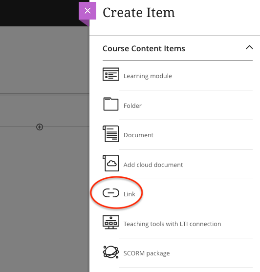 screenshot of the link tool in Create Item panel