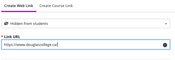 screenshot of adding a link in the Link URL textbook with globe icon to the right