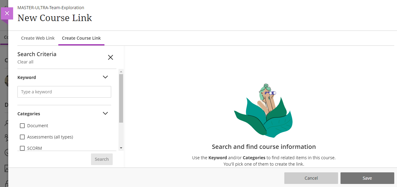 Screenshot of the Create Course Link options