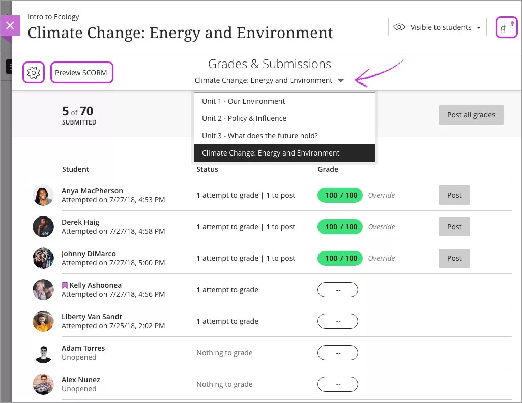 The Grades and Submissions page with student attempts listed. The Preview SCORM button highlighted with a box, the menu for moving between graded items in the package expanded and highlighted with an arrow, and the button for opening the class conversation highlighted with a box.