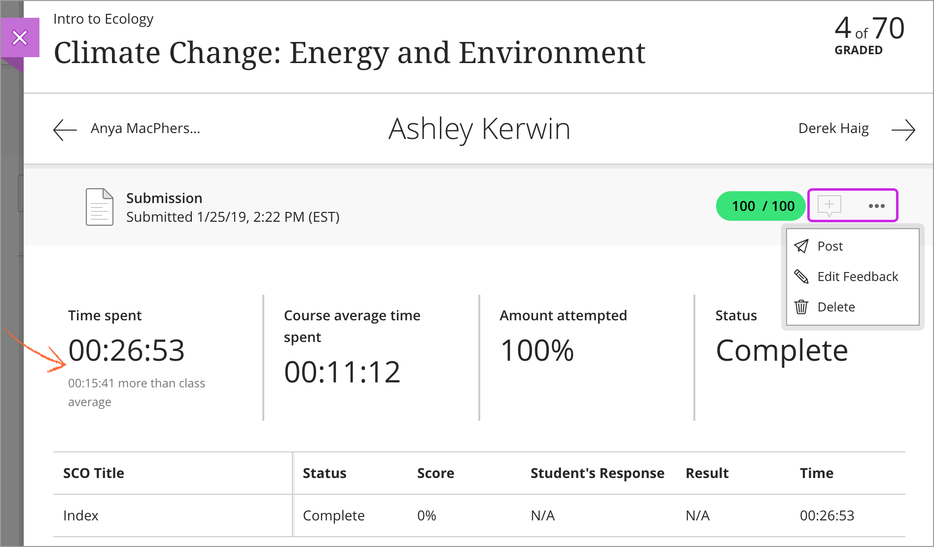 Screenshot of a student's SCORM report