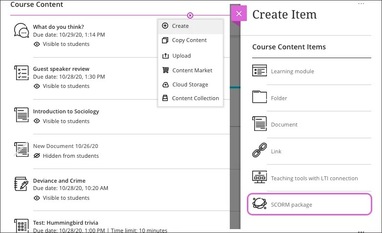 SCORM package is listed as one of the items in the Create Item panel that can be added via the Create option