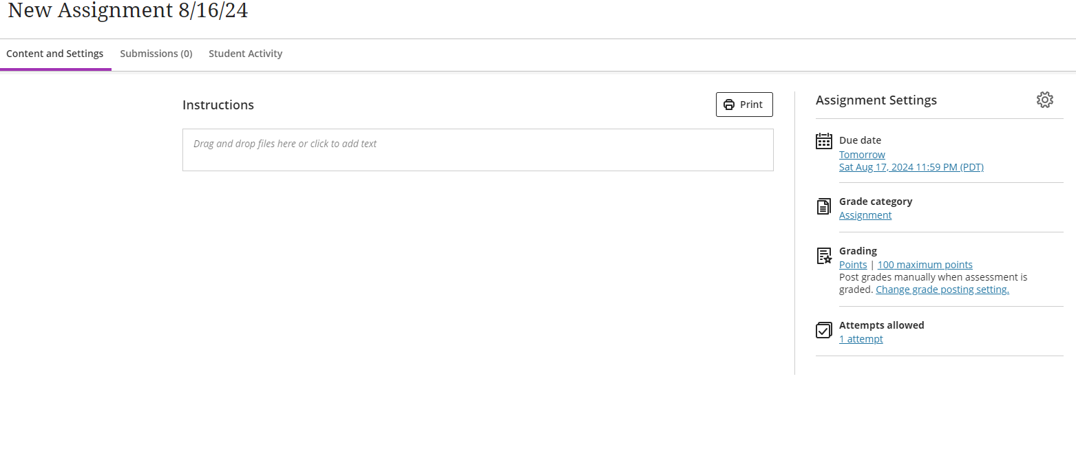 screenshot of creating an assignment