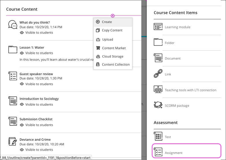 screenshot of how to add an assignment to the course content page