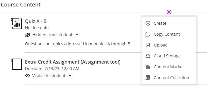 screenshot showing where the plus sign appears in the course content page