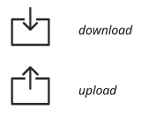 arrow pointing in a box (download), arrow pointing out of a box (upload)