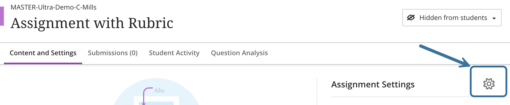 Screenshot of a Blackboard Ultra assignment titled Assignment with Rubric. A blue arrow points to the settings icon under the Content and Settings tab