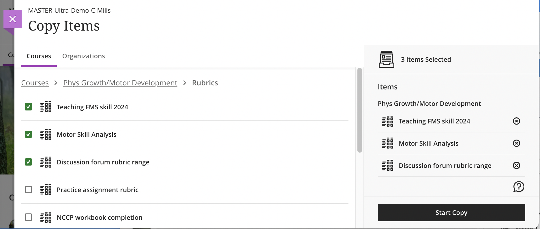Screenshot showing the contents of a rubric folder in the Copy Items panel with three rubrics checked off and ready to be copied