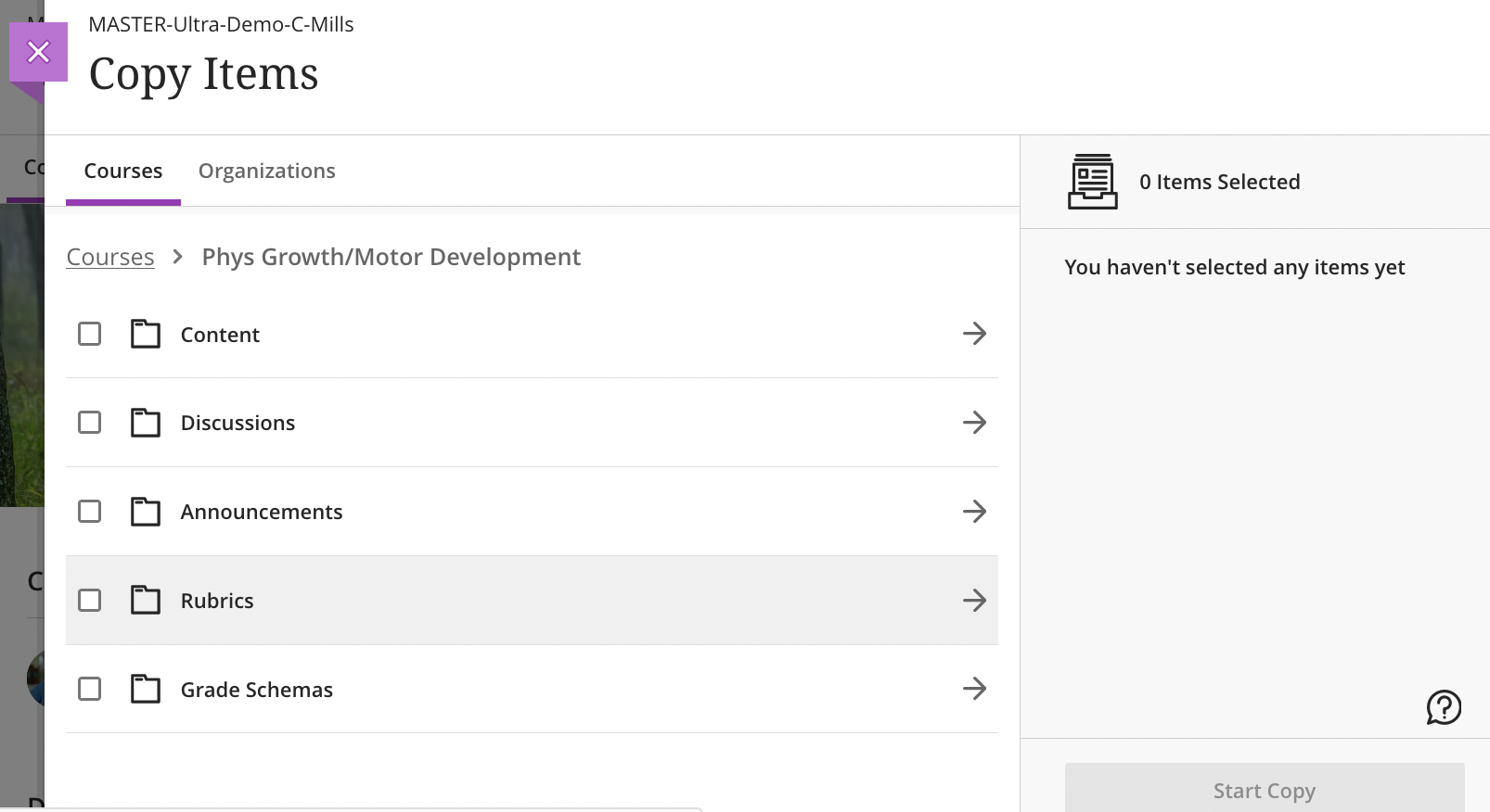 Copy items page showing folders available in Copy Items panel