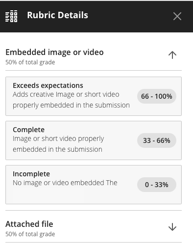 screenshot of rubric display for students showing percentage range allotted to each criteria