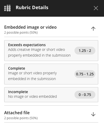screenshot of rubric display for students showing points range allotted to each criterion
