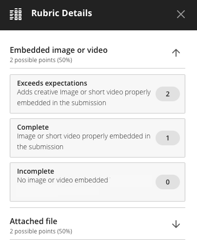 screenshot of rubric display for students showing points allotted to each criterion