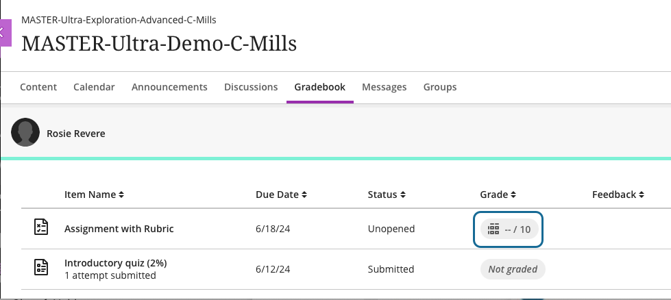 Screen shot showing rubric icon in grade pill