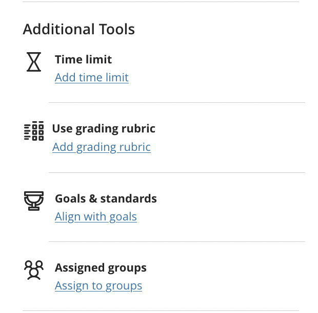 Screenshot of Additional tools area in assessment settings