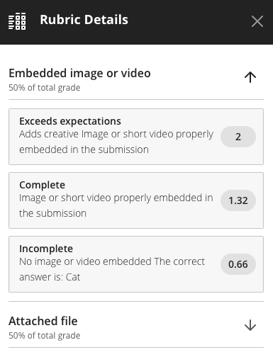 screenshot of percentage rubric in assignment showing points for each criterion