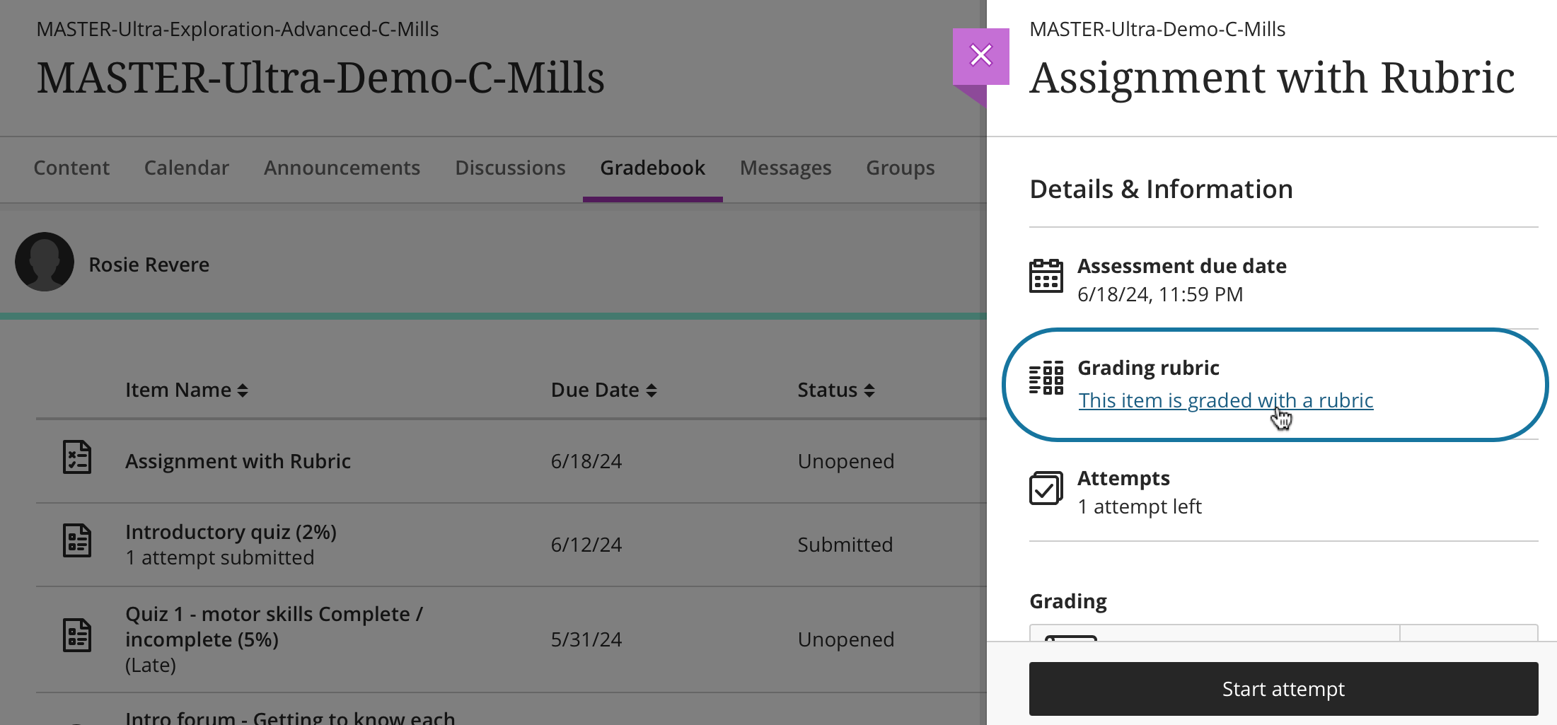 screenshot View rubric for assessment