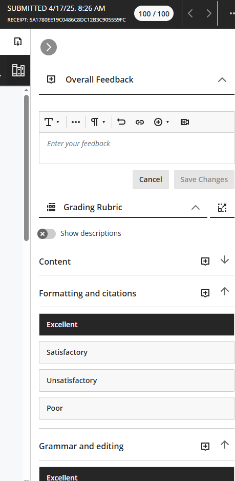 No points rubric instructor view