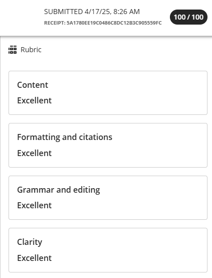 screenshot of rubric display for students showing no points for each criterion