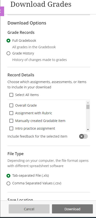 Download Options screenshot - refer to descriptions below