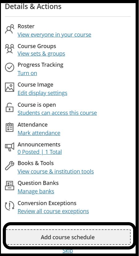 Add course schedule option is listed at the bottom of the Details and Actions menu.