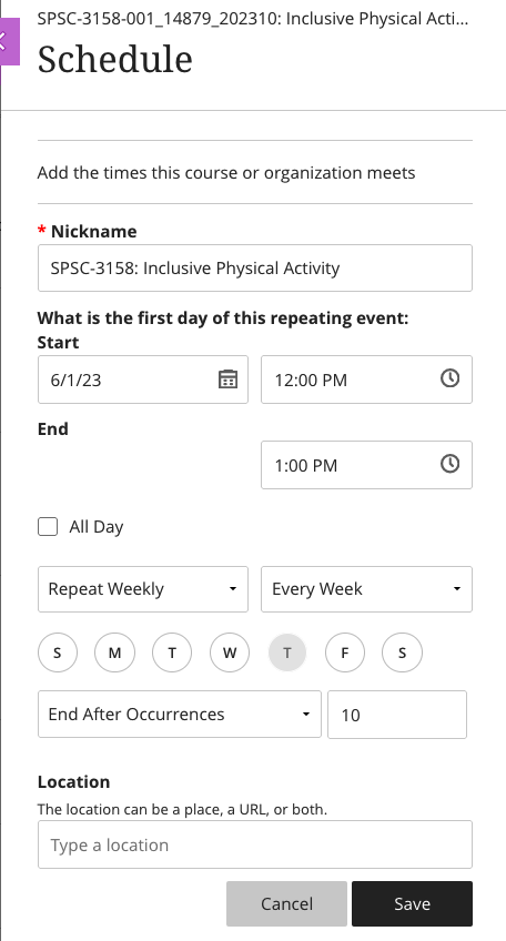 screenshot of the schedule settings panel