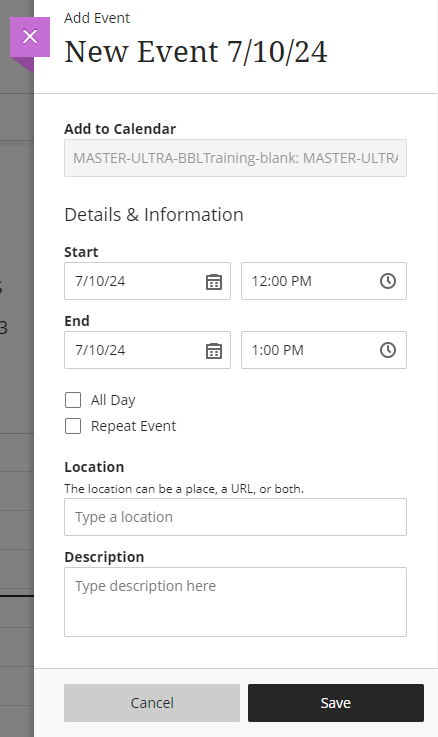 screenshot of new event panel with prompts to fill in start and end dates, type of event, location, and description