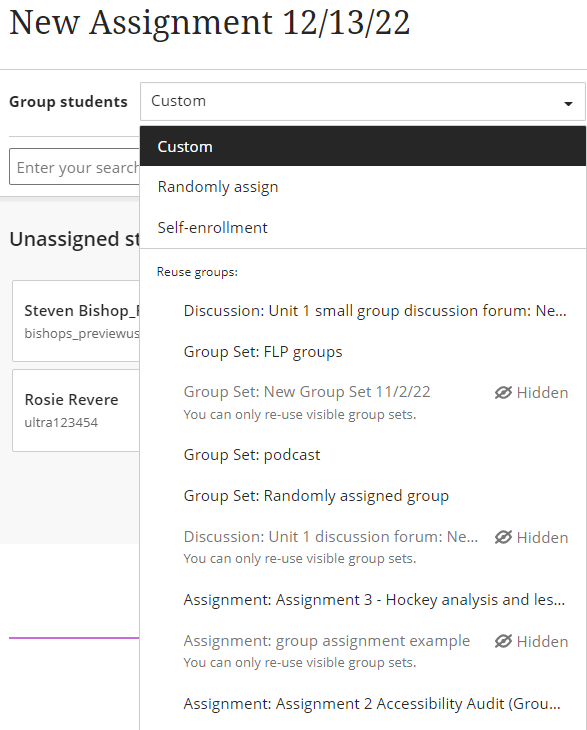 screenshot of the drop down menu for type of groups