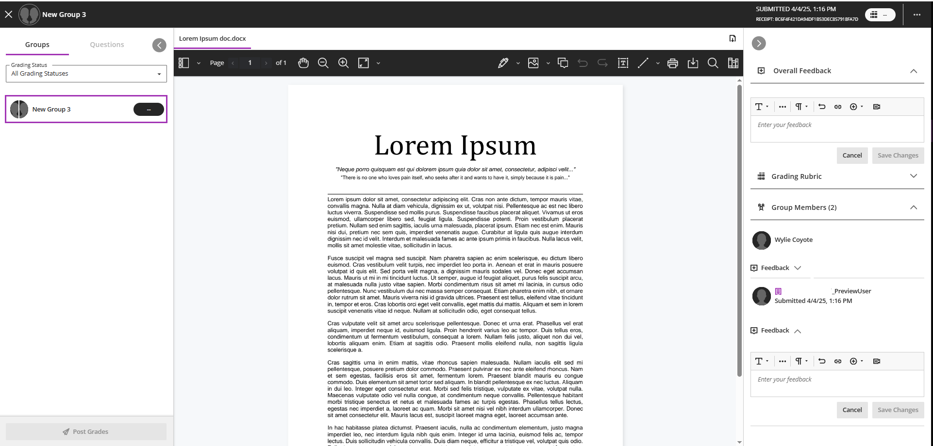screenshot of the grading platform for group assessments