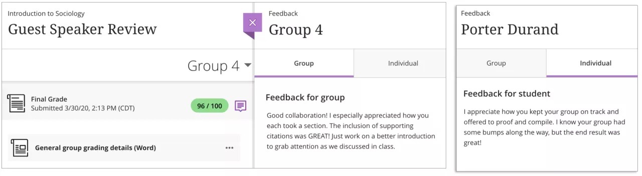 An example group submission from the Student's view is open with the 'Group' and 'Individual' feedback tabs displayed