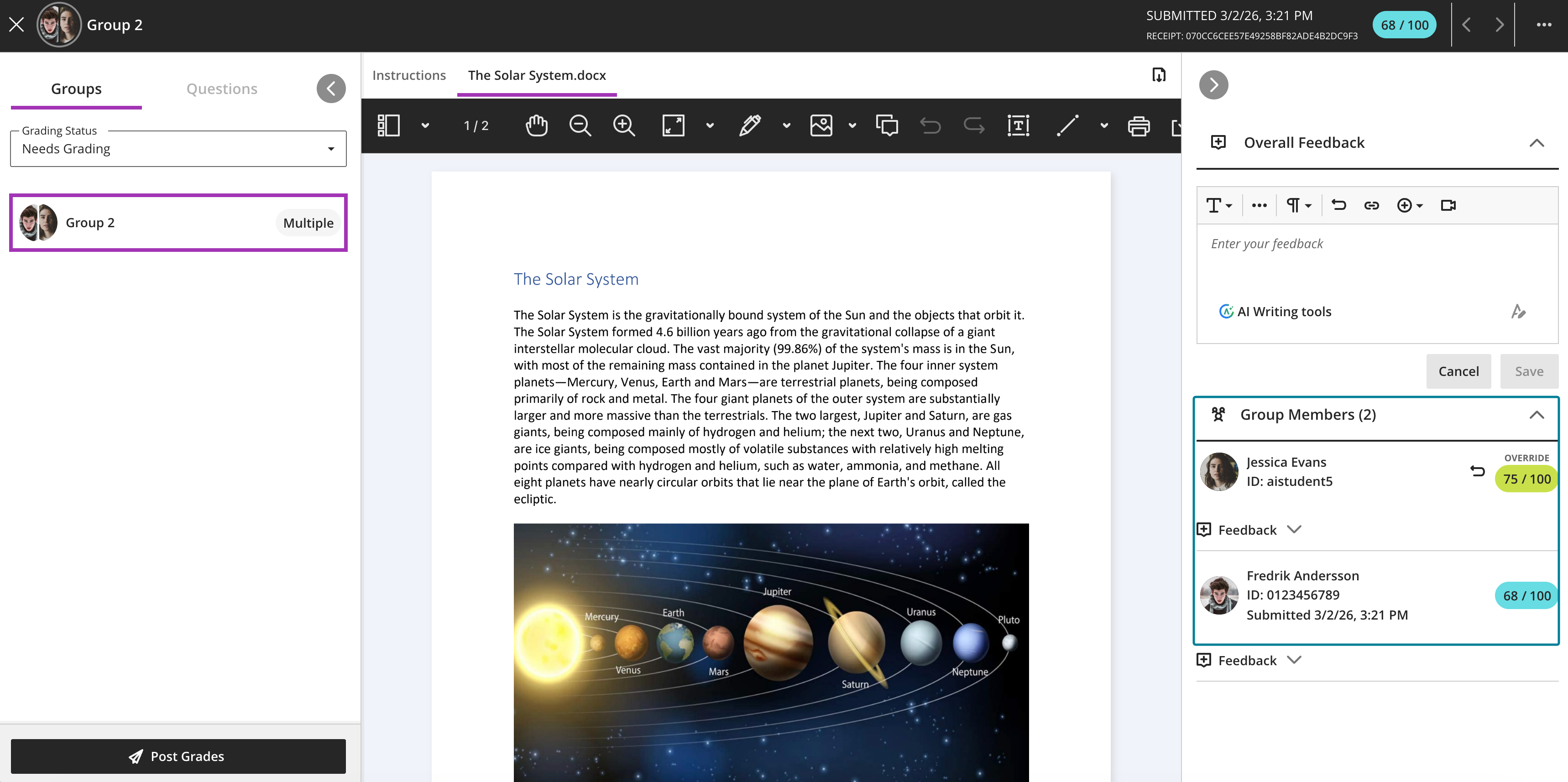 screenshot of the grading platform for group assessments