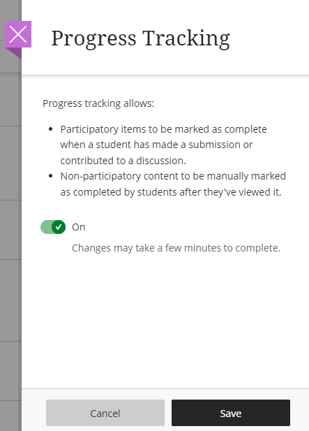 Progress Tracking toggles on and off