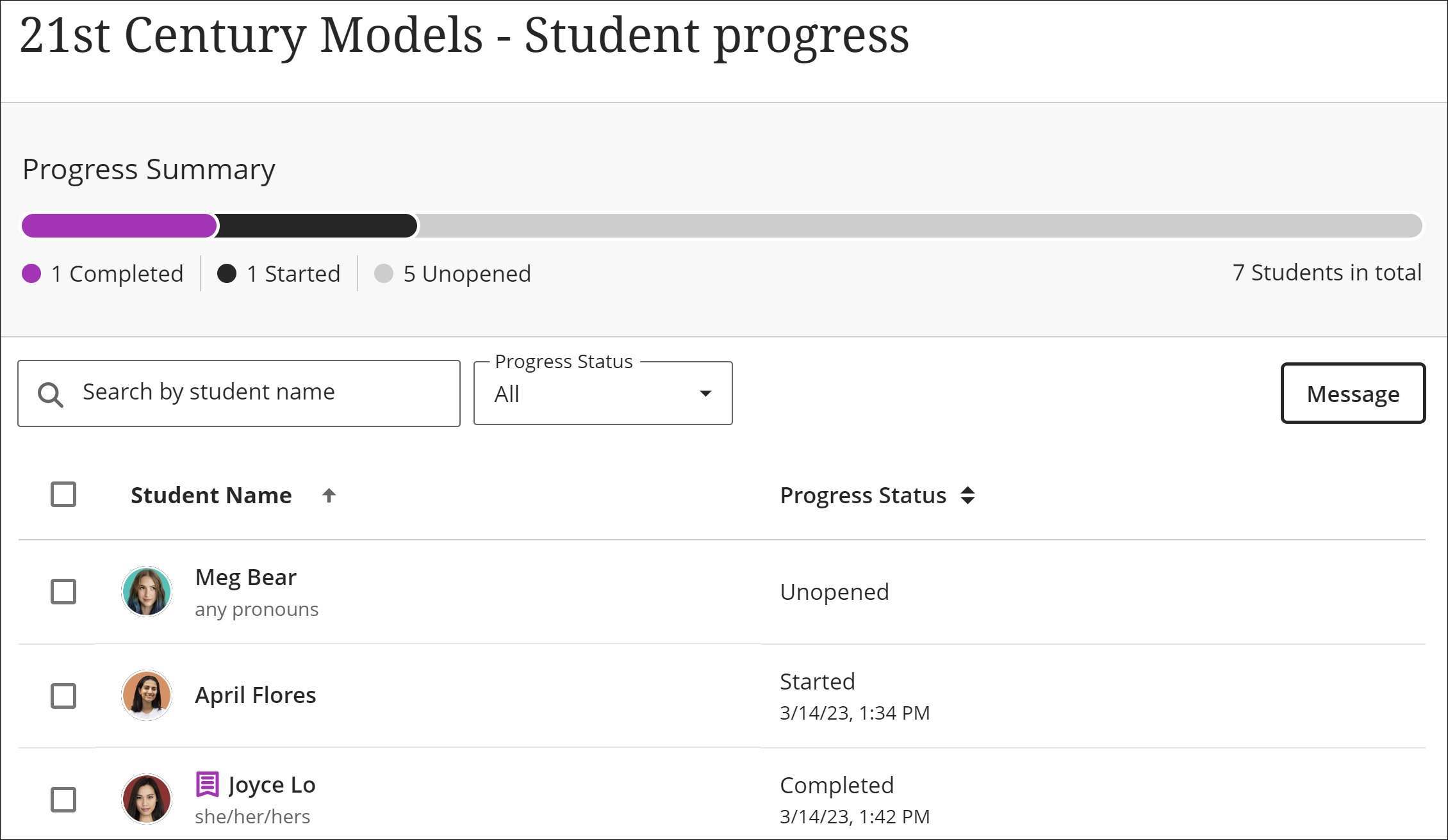 Screenshot of student progress panel showing list of students and their progress status