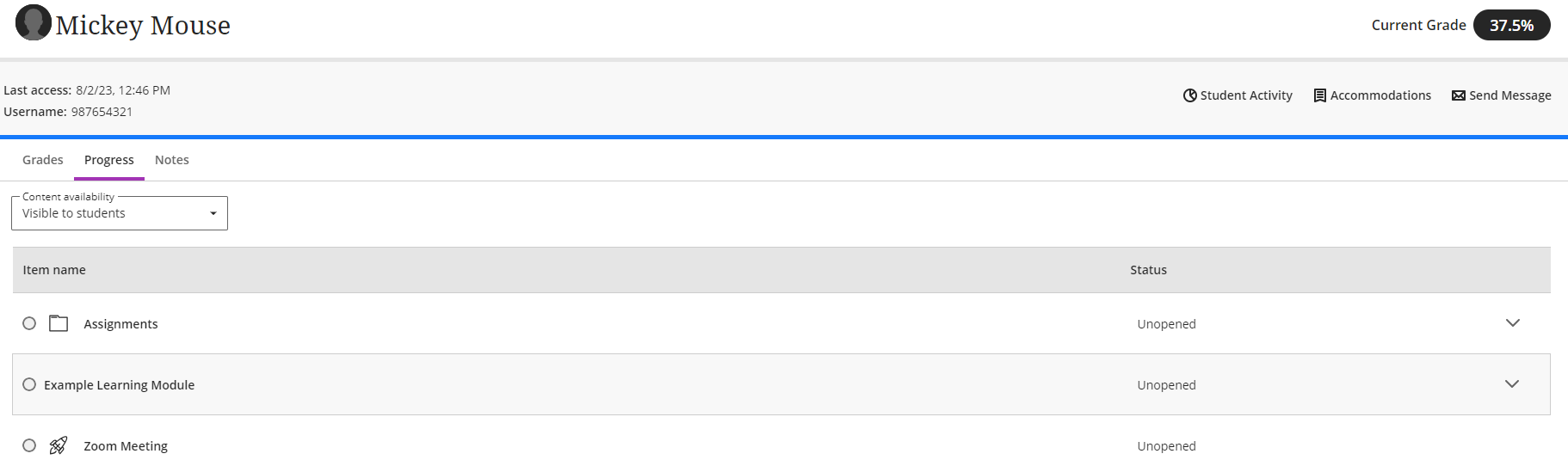 Screenshot of a student's progress 