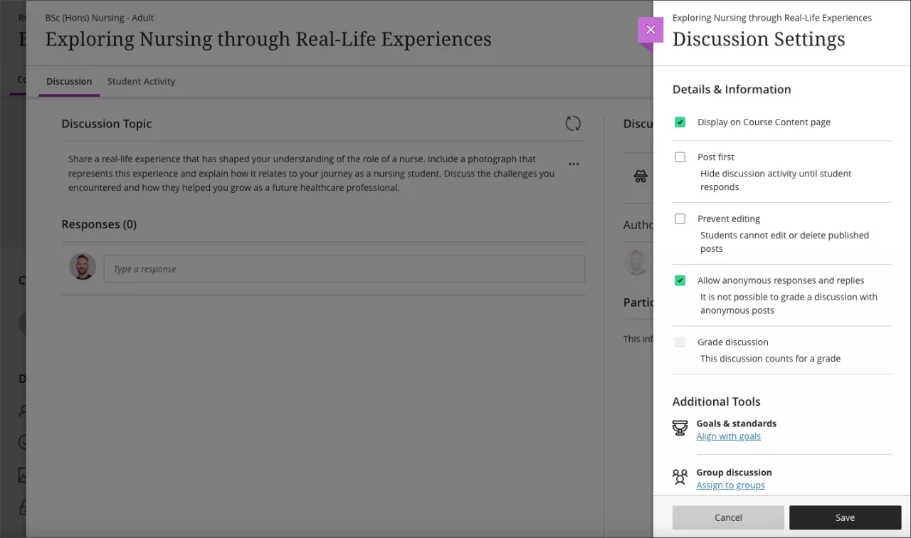 discussion settings panel