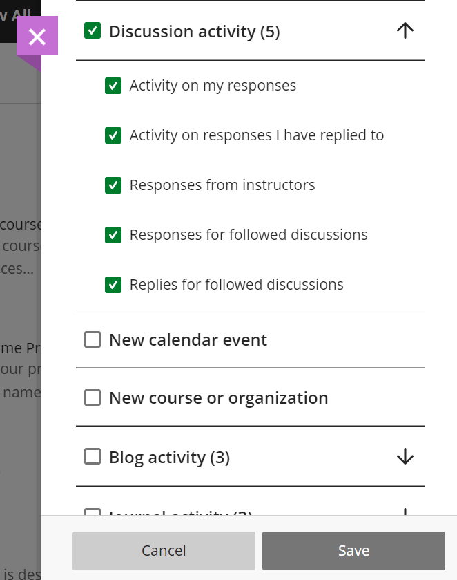 Screenshot of the discussion activity optoins