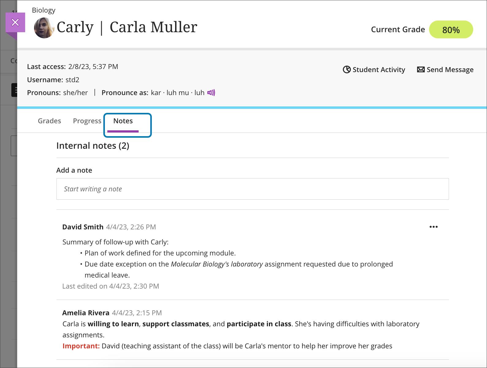 screenshot showing internal notes