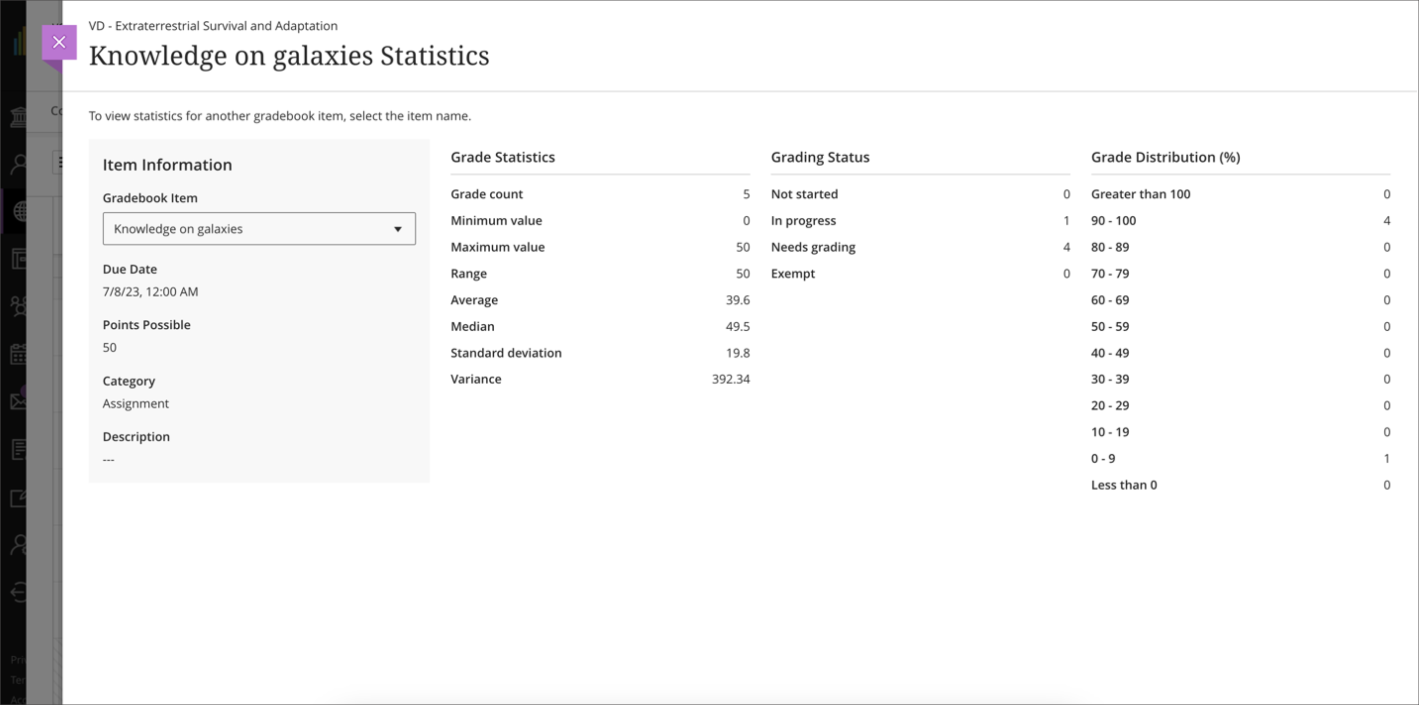 screenshot of statistics menu with due date, grade statistics, grading status and grade distribution for selected gradable item