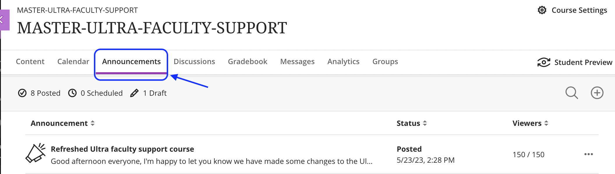 Screen shot showing announcements at top