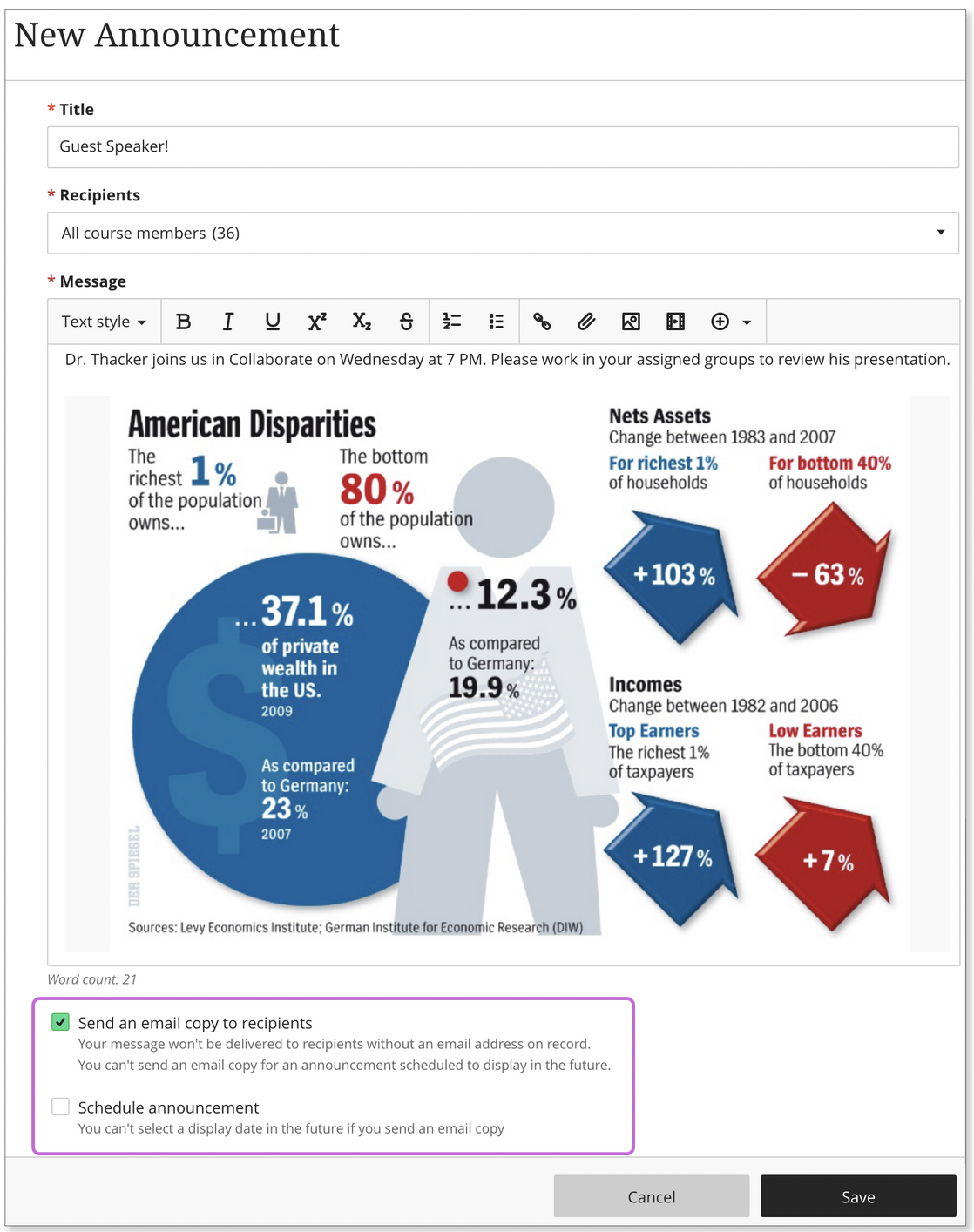 screenshot of an announcement with the option 'Send an email copy to recipients' checked off